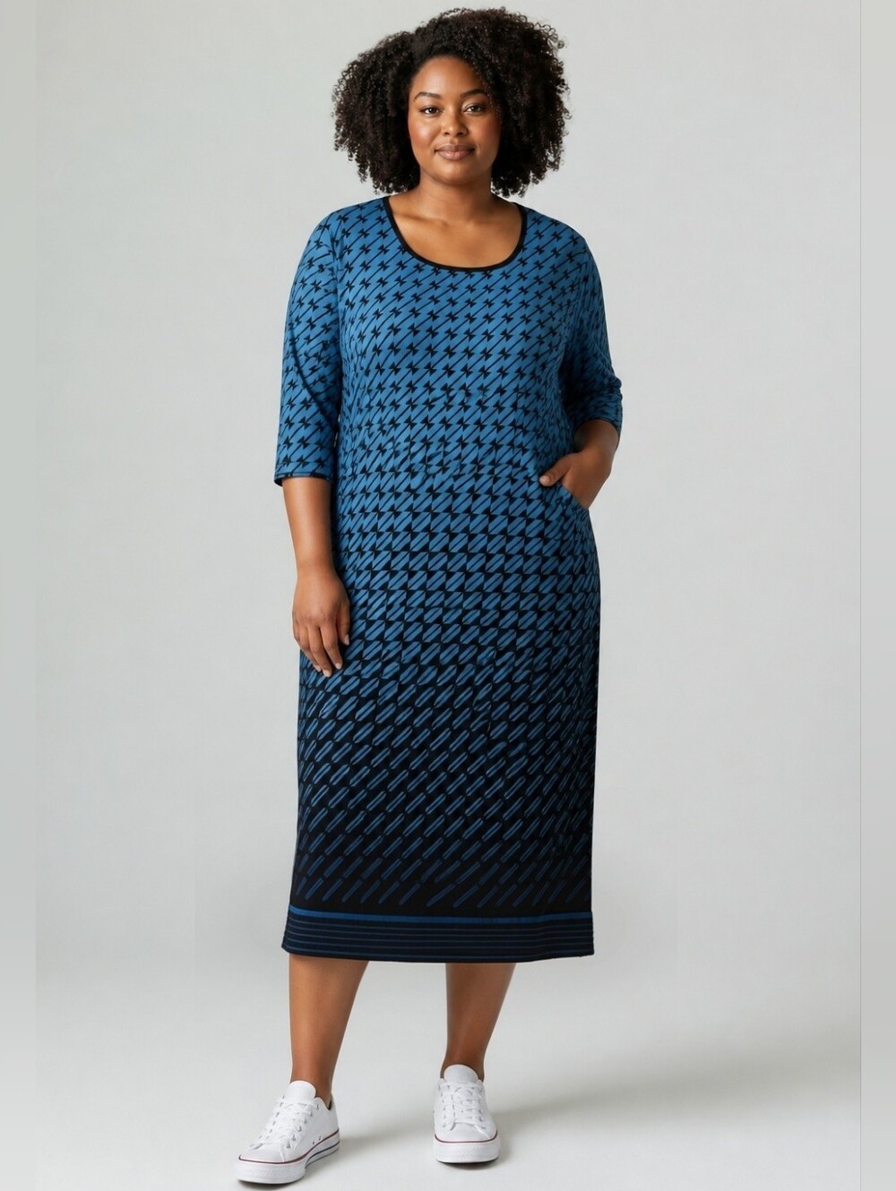 Comfy Pullover Aqua & Black Geometric Shift Dress Polyester 3/4 Sleeve Sz 20